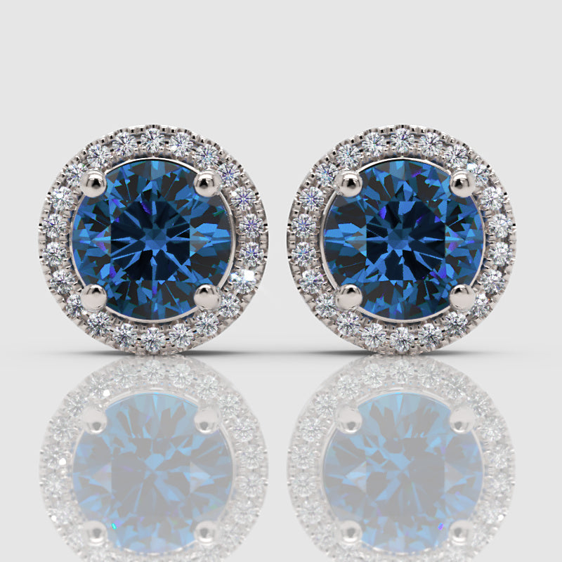 Blue Sapphire Round Halo Stud Earrings With Moissanite Accents In 925 Silver - Four