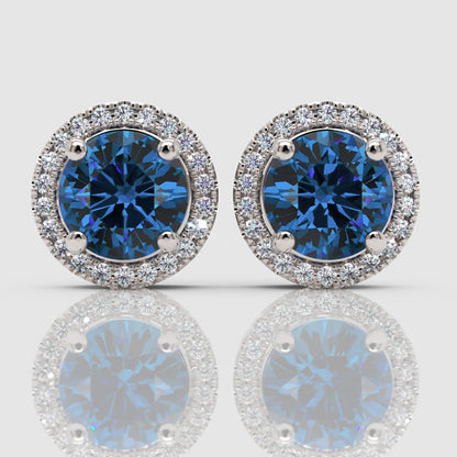 Blue Sapphire Round Halo Stud Earrings With Moissanite Accents In 925 Silver - Four
