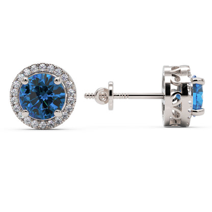 Blue Sapphire Round Halo Stud Earrings With Moissanite Accents In 925 Silver - One