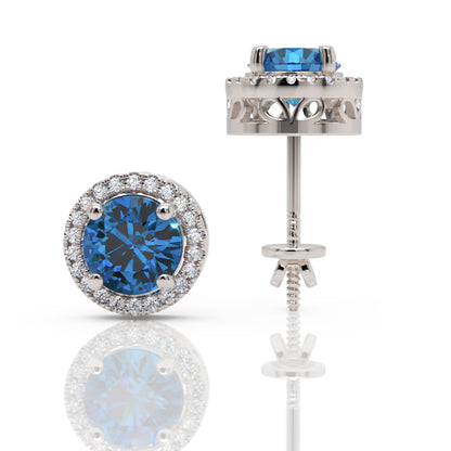 Blue Sapphire Round Halo Stud Earrings With Moissanite Accents In 925 Silver - Six