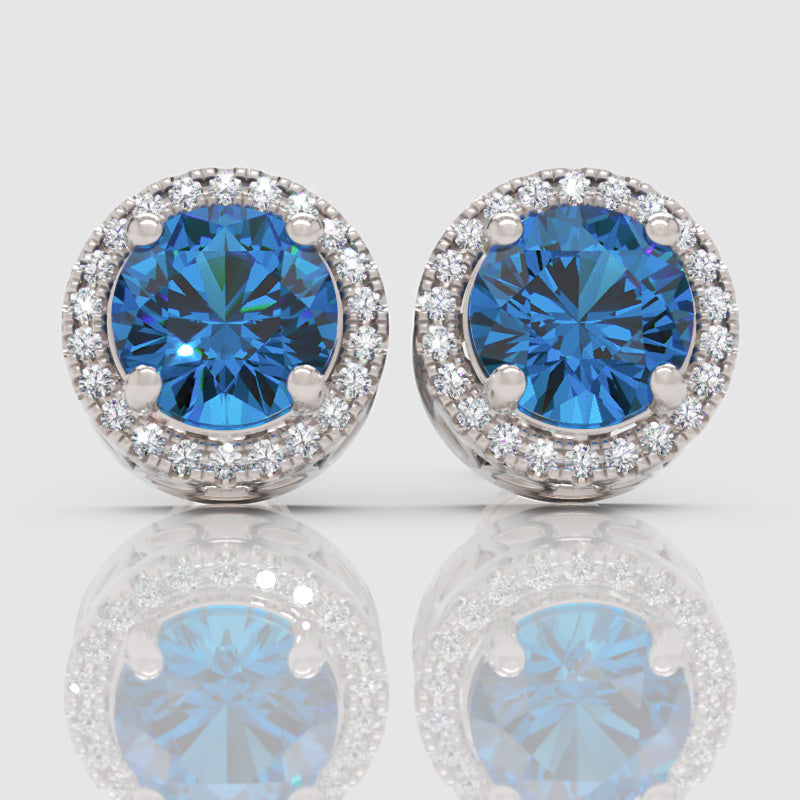Blue Sapphire Round Halo Stud Earrings With Moissanite Accents In 925 Silver - Three