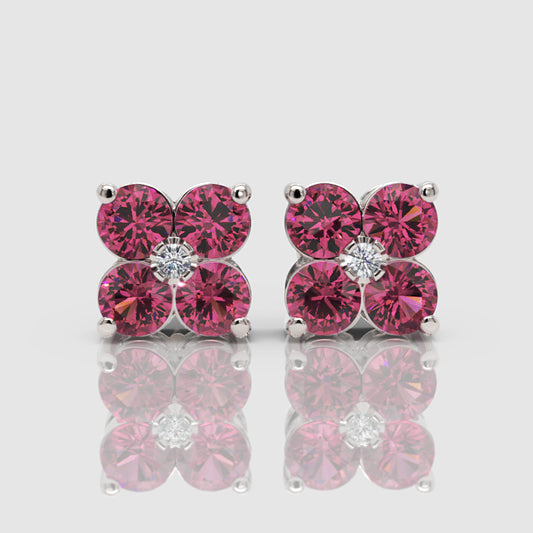 Pink Sapphire and Diamond Flower Cluster Stud Earrings in White Gold