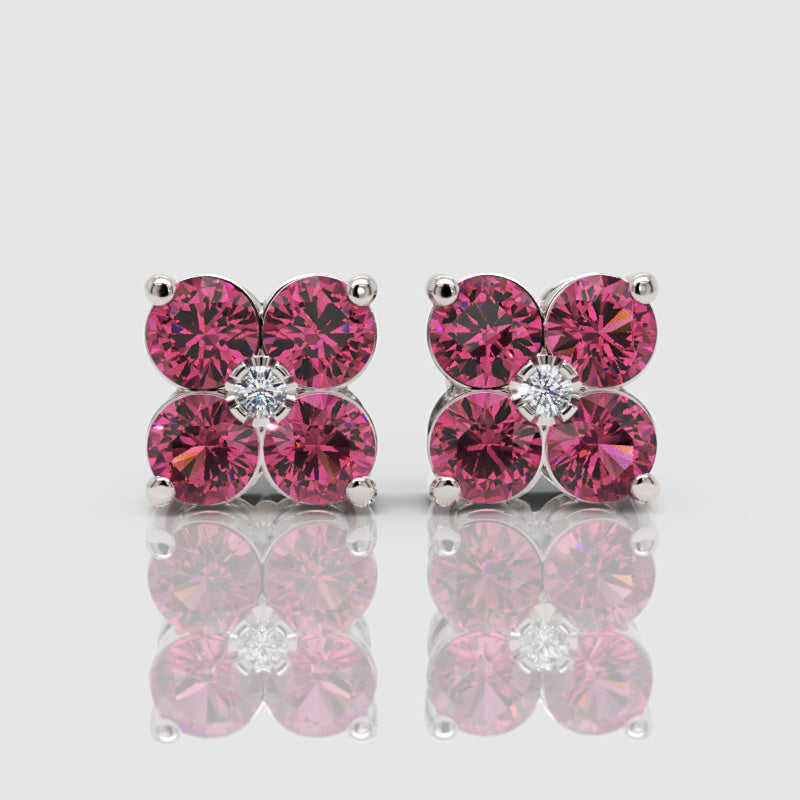 925 Sterling Silver Pink Sapphire And Moissanite Flower Cluster Stud Earrings - One