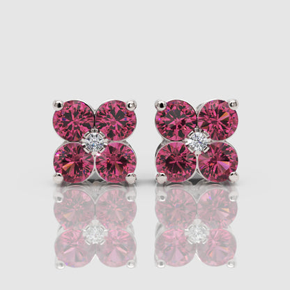 925 Sterling Silver Pink Sapphire And Moissanite Flower Cluster Stud Earrings - One