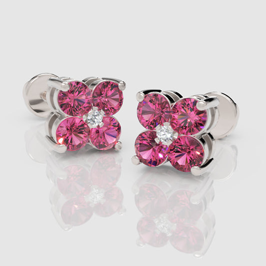 Pink Sapphire And Diamond Flower Cluster Stud Earrings In White Gold - One
