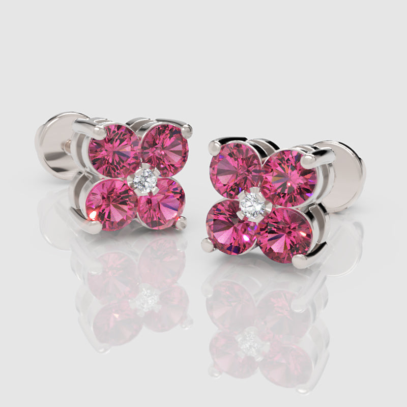 925 Sterling Silver Pink Sapphire And Moissanite Flower Cluster Stud Earrings - Three