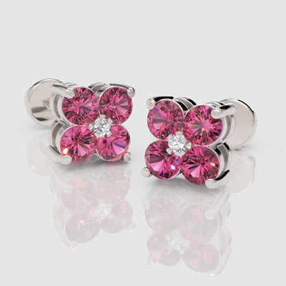 925 Sterling Silver Pink Sapphire And Moissanite Flower Cluster Stud Earrings - Three