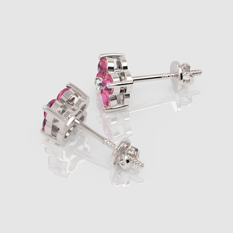 925 Sterling Silver Pink Sapphire And Moissanite Flower Cluster Stud Earrings - Four