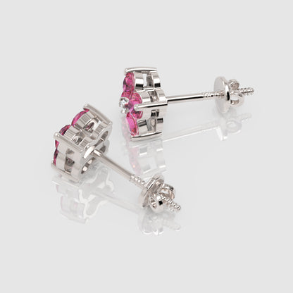 925 Sterling Silver Pink Sapphire And Moissanite Flower Cluster Stud Earrings - Four