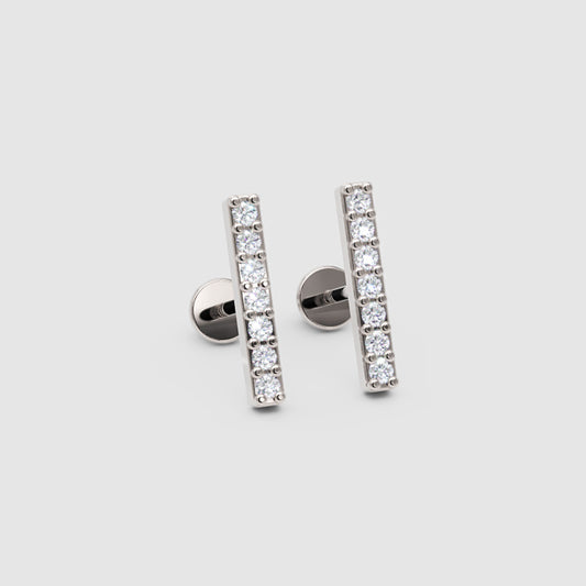 Diamond Bar Stud Earrings in White Gold with Screw Backs