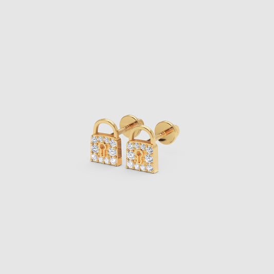 Gold Pav Diamond Lock Stud Earrings