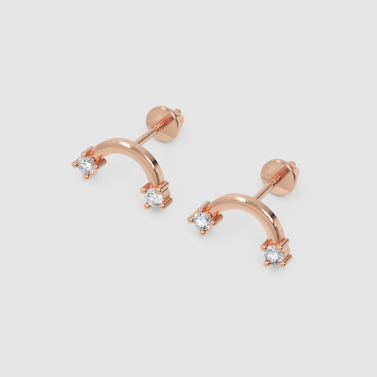 Rose Gold Curved Bar Stud Earrings with Double Crystals