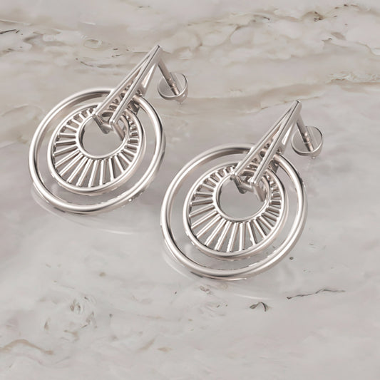 Gold Double Circle Drop Earrings with Sunburst Design 16mm Dangle Earrings