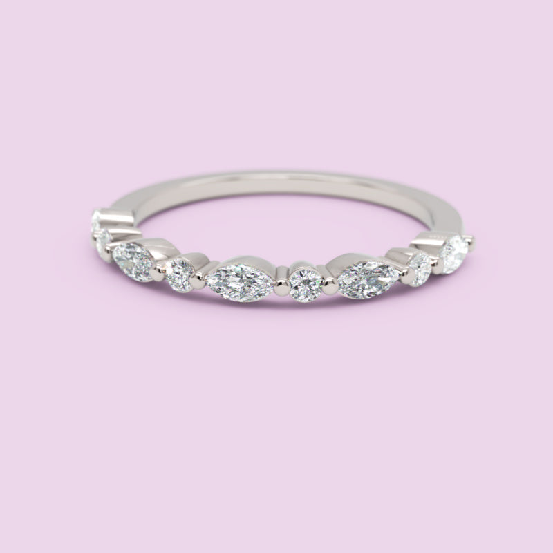 Alternating Oval and Round Diamond Stackable Wedding Band in White Gold