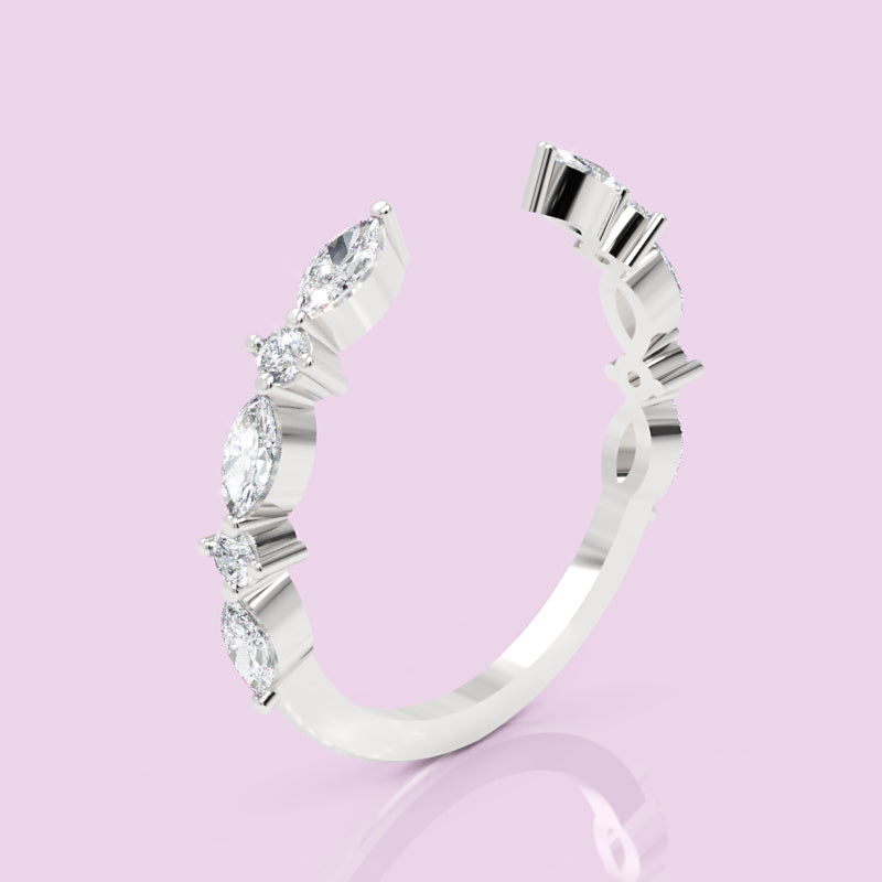 Marquise And Round Diamond Open Cuff Ring In White Gold - Five