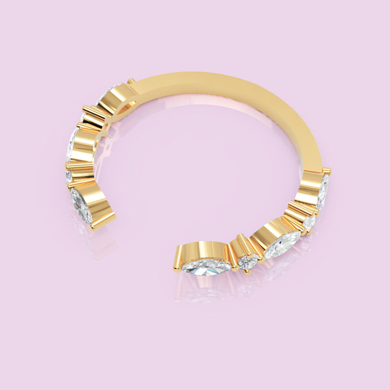 Marquise And Round Diamond Open Cuff Ring In White Gold - Four