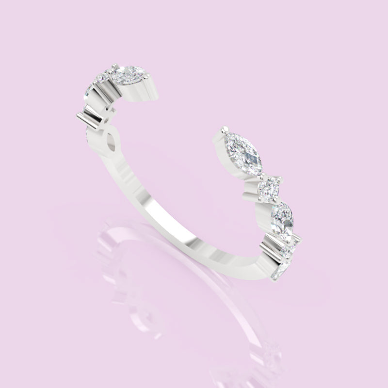 Marquise And Round Diamond Open Cuff Ring In White Gold - Six
