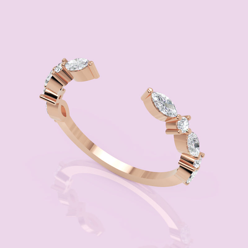 Marquise And Round Diamond Open Cuff Ring In White Gold - Nine