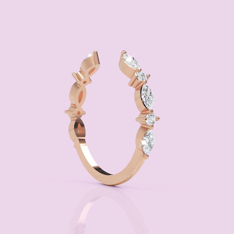 Marquise And Round Diamond Open Cuff Ring In White Gold - Eleven