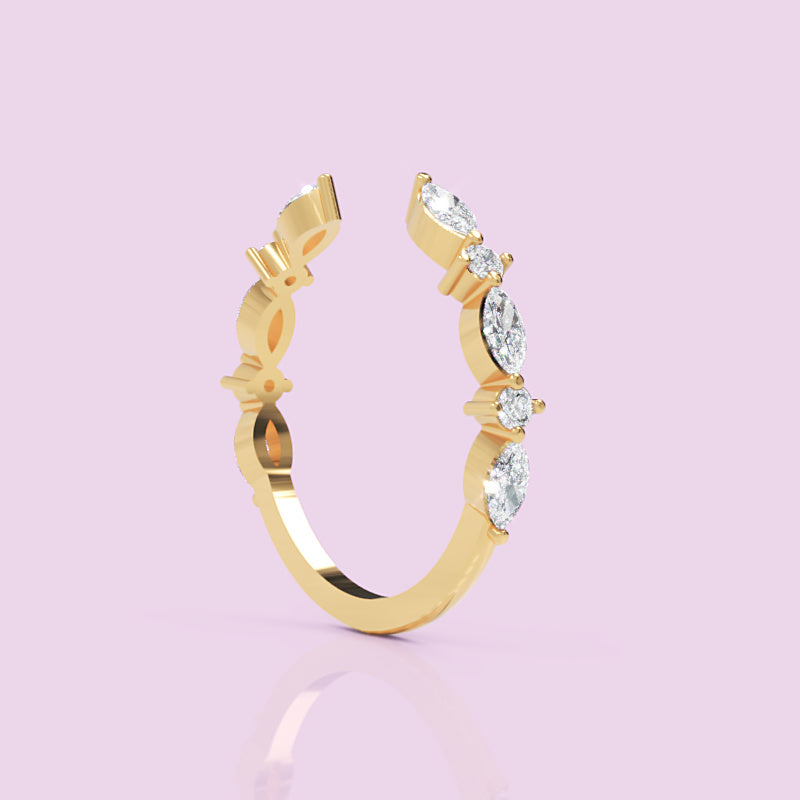Marquise And Round Diamond Open Cuff Ring In White Gold - One