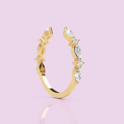 Marquise And Round Diamond Open Cuff Ring In White Gold - One