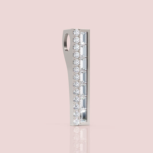 Baguette and Round Diamond Vertical Bar Pendant Necklace in White Gold