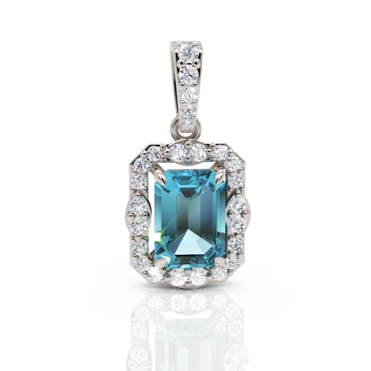 Emerald Cut Blue Topaz Halo Pendant Necklace in Sterling Silver