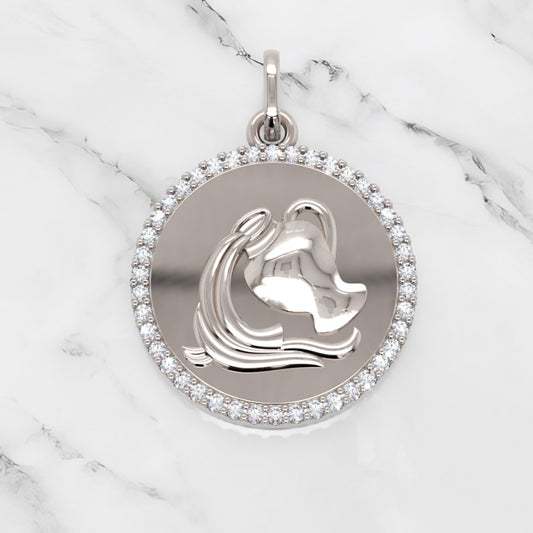 Sterling Silver Aquarius Zodiac Pendant with Diamond Halo Border