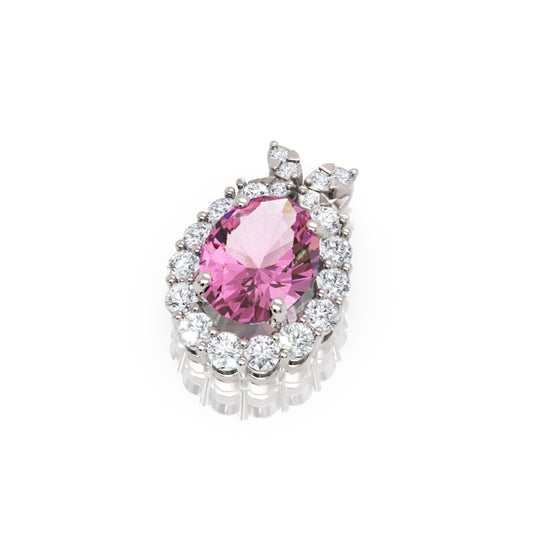 Pink Sapphire Oval Halo Diamond Pendant Necklace in White Gold