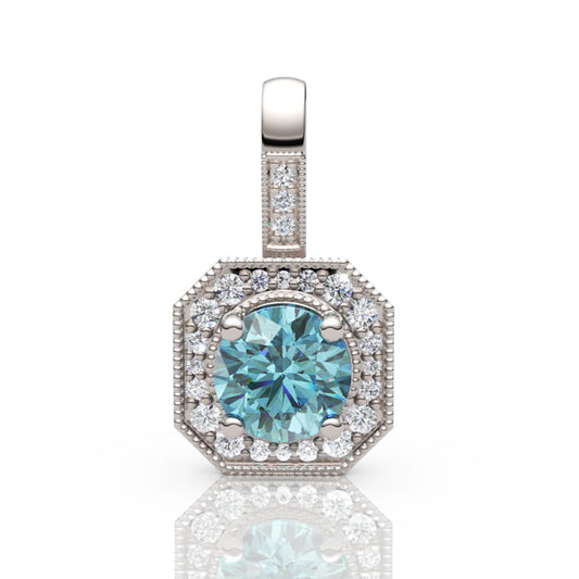 Aquamarine Diamond Halo Pendant Necklace in White Gold