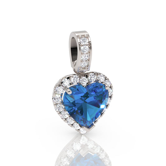Blue Sapphire Heart Pendant Necklace with Diamond Halo in White Gold