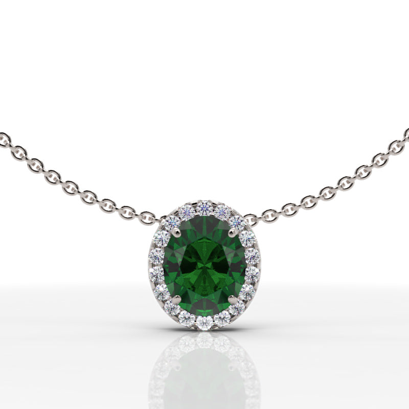 925 Silver Oval Emerald Halo Pendant Necklace With Moissanite Accents - Three