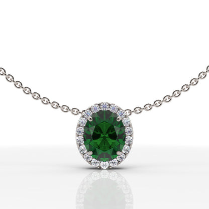 925 Silver Oval Emerald Halo Pendant Necklace With Moissanite Accents - Three