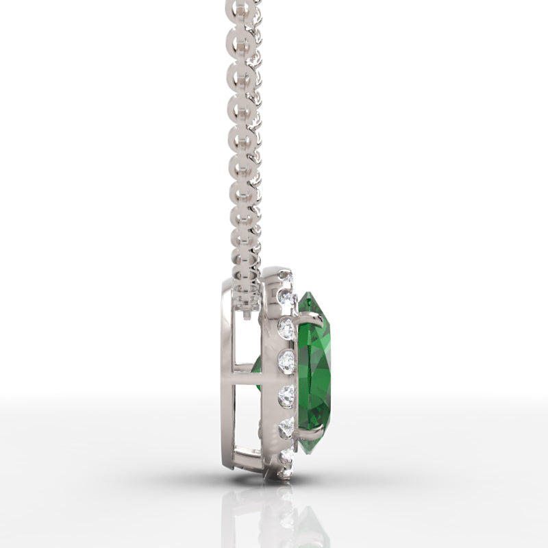 925 Silver Oval Emerald Halo Pendant Necklace With Moissanite Accents - Four
