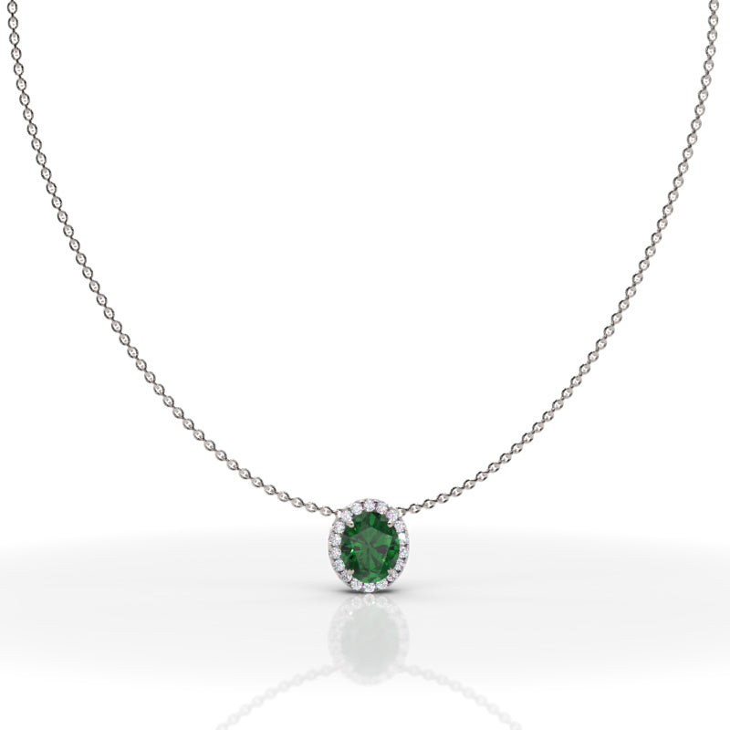 925 Silver Oval Emerald Halo Pendant Necklace With Moissanite Accents - Five