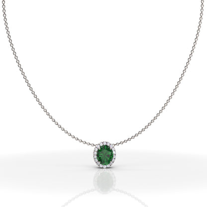 925 Silver Oval Emerald Halo Pendant Necklace With Moissanite Accents - Five