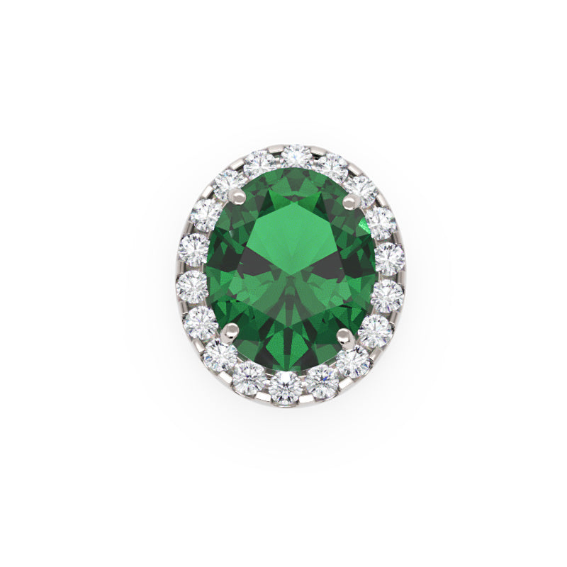 925 Silver Oval Emerald Halo Pendant Necklace With Moissanite Accents - One