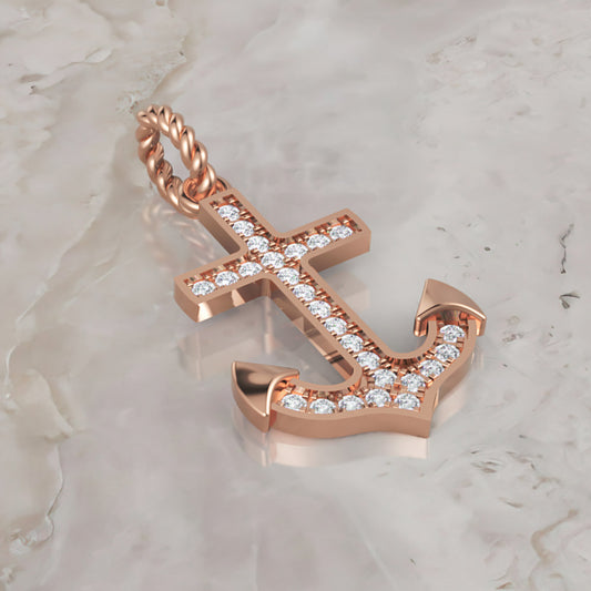 Diamond Anchor Pendant Necklace in White Gold