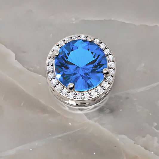 Blue Sapphire Diamond Halo Pendant Necklace in White Gold