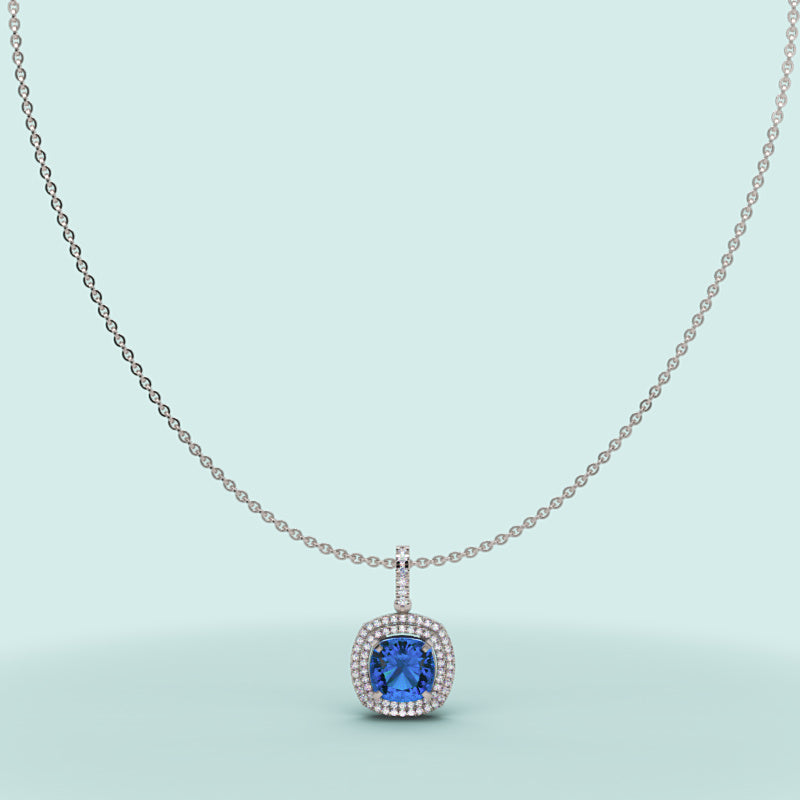 Cushion Cut Blue Sapphire Double Halo Pendant Necklace With Moissanite Accents In 925 Silver - Eight