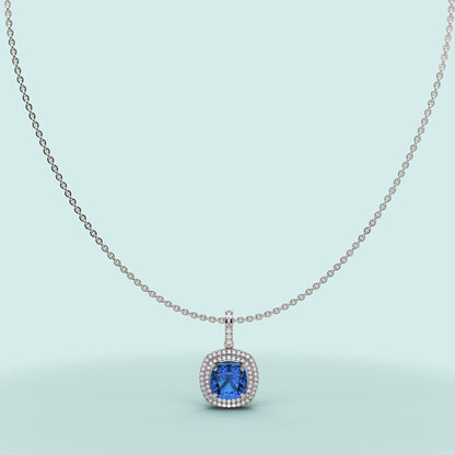 Cushion Cut Blue Sapphire Double Halo Pendant Necklace With Moissanite Accents In 925 Silver - Eight