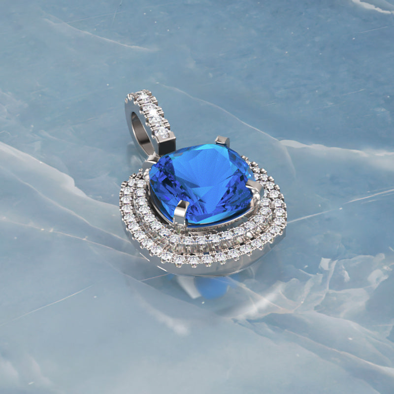 Cushion Cut Blue Sapphire Double Halo Pendant Necklace With Moissanite Accents In 925 Silver - Four