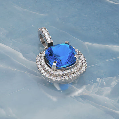 Cushion Cut Blue Sapphire Double Halo Pendant Necklace With Moissanite Accents In 925 Silver - Four