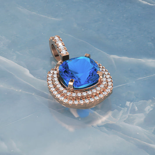 Blue Sapphire Cushion Cut Double Halo Diamond Pendant Necklace in White Gold