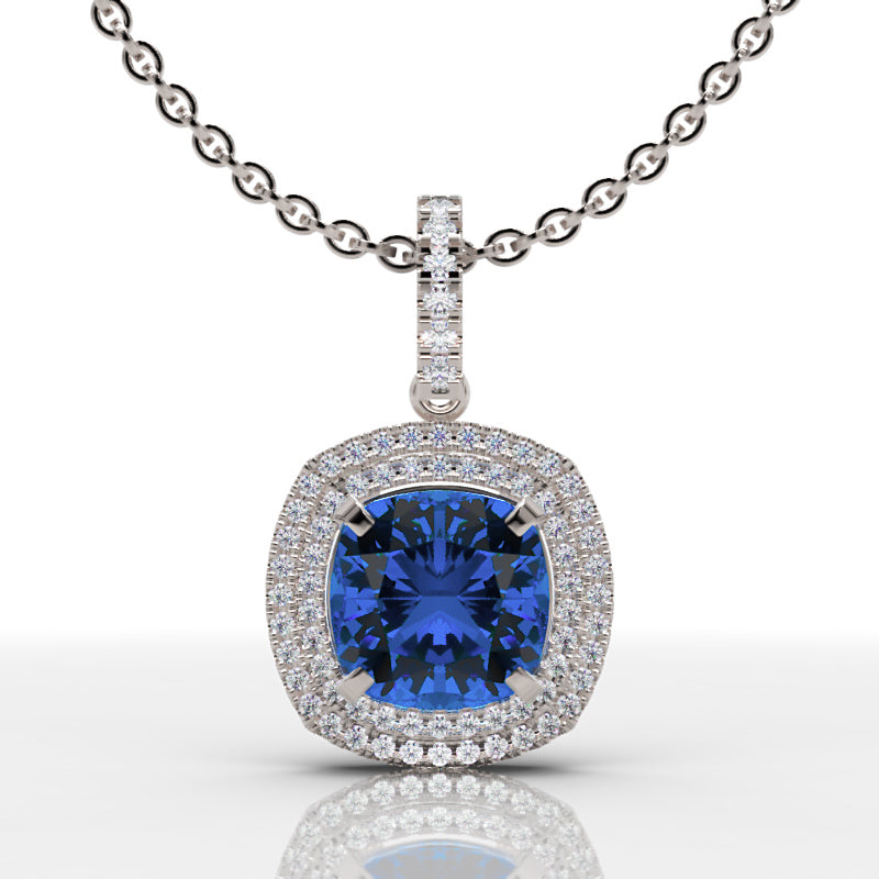 Cushion Cut Blue Sapphire Double Halo Pendant Necklace With Moissanite Accents In 925 Silver - Five