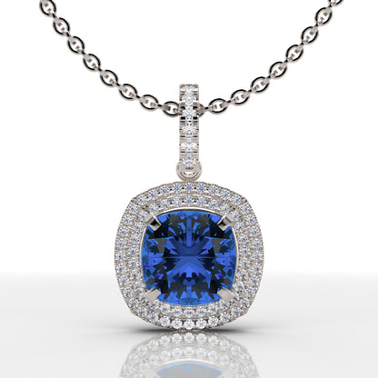 Cushion Cut Blue Sapphire Double Halo Pendant Necklace With Moissanite Accents In 925 Silver - Five