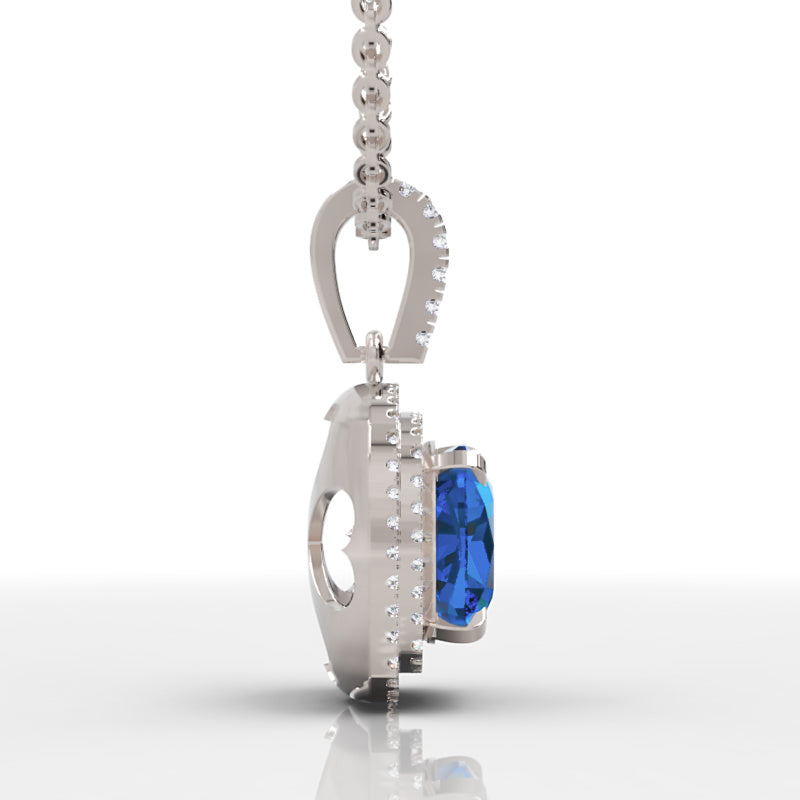 Cushion Cut Blue Sapphire Double Halo Pendant Necklace With Moissanite Accents In 925 Silver - Six