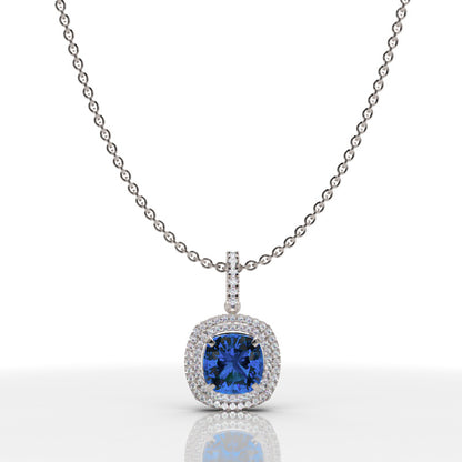 Cushion Cut Blue Sapphire Double Halo Pendant Necklace With Moissanite Accents In 925 Silver - Seven