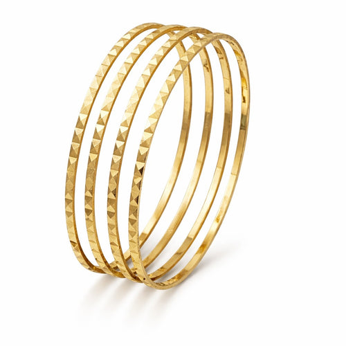 18K Gold Diamond Cut Textured Bangle Bracelet Set of 4