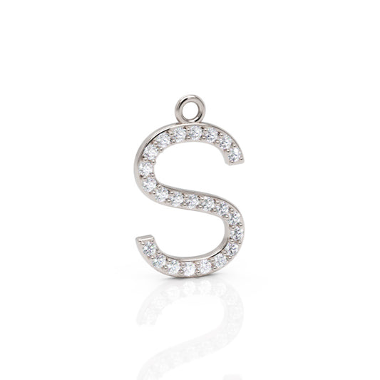 Sterling Silver Letter S Initial Charm with Cubic Zirconia Stones